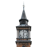 A Detailed Closeup of an Antique Clock Tower with a Pointed Spire and Weathered Brickwork png