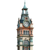 Architectural rendering of an ornate clock tower with a teal roof and peach walls png