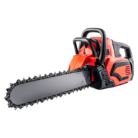 A Powerful Red and Black Chainsaw with Sharp Teeth for Cutting Wood png