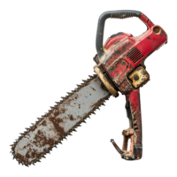Rusty Old Red Chainsaw with a Worn Blade and Dirty Handle png