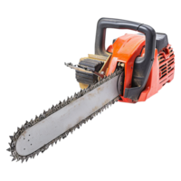Closeup of a Red and Black Chainsaw with a Long Sharp Blade Ready for Cutting Wood png