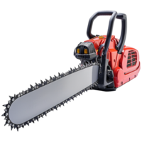 Powerful Red Chainsaw with Sharp Teeth for Cutting Wood and Branches png