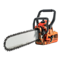 Powerful orange chainsaw with sharp teeth and a long bar for cutting wood png