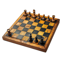 A weathered wooden chessboard with chess pieces set up for a game in progress png