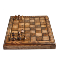 A Stunning Wooden Chessboard with Carved Details and Handcrafted Chess Pieces in MidGame Setup png