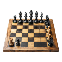 A closeup shot of a rustic wooden chessboard with chess pieces arranged for a game png