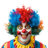 Closeup Portrait of a Man Dressed as a Colorful Scary Clown with Big Eyes and a Wide Grin png