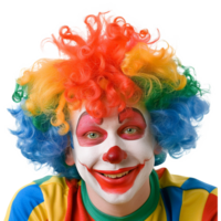 A Happy Smiling Clown Wearing a Brightly Colored Curly Wig and Festive Costume png
