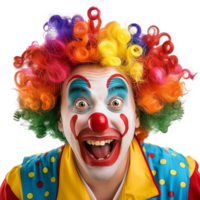 A Hilarious Closeup Portrait of a Colorful Clown with a Wide Open Mouth and Brightly Colored Wig png