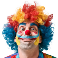 Closeup Portrait of a Man Wearing a Colorful Clown Wig and Makeup with a Happy Expression png