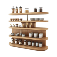 Modern Wooden Coffee and Tea Station with Multiple Shelves and Variety of Cups Mugs and Containers png
