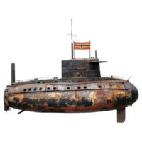 A Rusty Old Submarine with a Flag on Display at a Museum or Dockside Location png