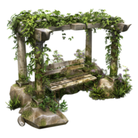 Enchanted Garden Bench with Stone Pillars and Lush Greenery png