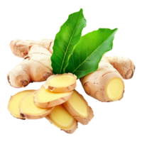 Fresh Ginger Root with Green Leaves Sliced and Ready to Use in Cooking or Medicine png