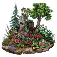 Lush Garden Scene with Trees Flowers and Rocks in a Vibrant Artistic Display png