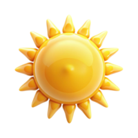 A vibrant 3D rendered image of a cheerful cartoon sun with a glossy yellow surface and pointed rays png