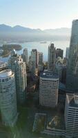 Aerial view of the skyscrapers in Downtown of Vancouver at dawn, Canada video