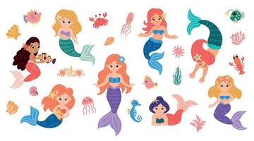 Set of cute mermaids. Underwater kingdom. Sea creatures. White background, isolate vector