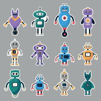 conjunto de pegatinas de peculiar robots dibujado a mano estilo. vector