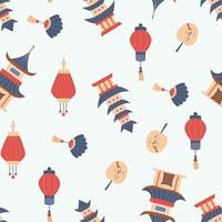 Seamless pattern with Japanese houses and lanterns vector