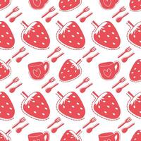 Strawberry pattern background with heart shape cup, fork, spoon, lines. vector