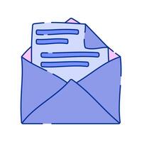 Envelope with Letter Doodle style, blue envelope containing a document, symbolizing communication and messaging, perfect for business, email, and correspondence designs. vector