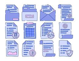 Document Icons Doodle style, hand-drawn blue and pink document icons, representing files, emails, reports, and certificates, perfect for office graphics, business templates, and digital content. vector