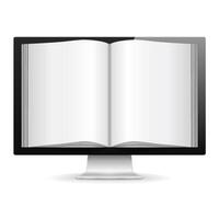 Computer monitor with open book with blank pages, e-book concept vector