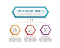 Infographic template with hexagons with main idea and 3 steps or options, workflow, process chart vector
