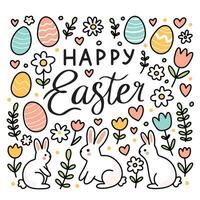 Happy Easter cute greeting card with text lettering and simple doodles of eggs, flowers, bunnies with black outline vector