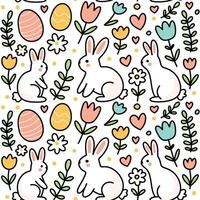 Easter cute seamless pattern background with simple doodles of eggs, flowers, bunnies with black outline over white background vector