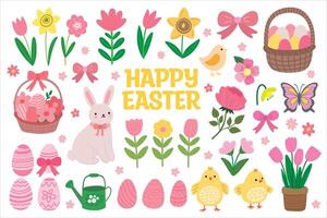 Happy Easter - Large Festive Clipart Set with Rabbit Bunny, Eggs, Baskets, Flowers, Chicks, Bows. Spring Elements Collection vector