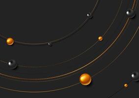 Black golden circular lines and glossy balls abstract retro background vector