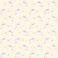 Seamless pattern with jumping white bunny on pastel yellow background. Easter rabbit wallpaper. vector