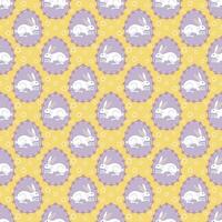 Seamless pattern with white bunny in purple easter egg and flower on yellow background. vector