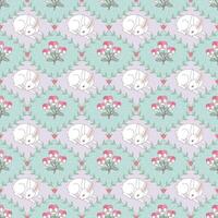 Seamless pattern with white bunny and pink pansy flower. vector