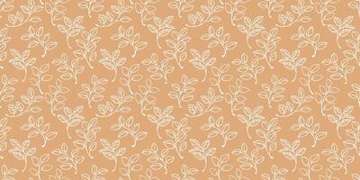 Aesthetic seamless pattern of white outline leafy branches on a beige background. A soft and minimalist design ideal for ornament print, stationery, textiles, and packaging, cover vector