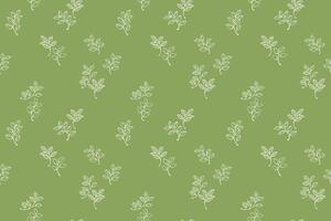 Seamless pattern featuring minimalist line-drawing leaves arranged on a green background. Simple nature ornament for textiles, wrapping paper, wallpapers, eco branding designs. vector