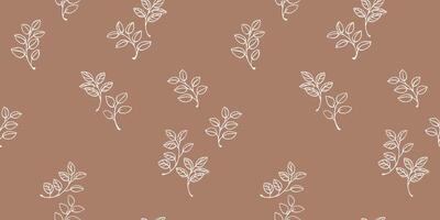 Pastel seamless pattern minimalist white line drawn branches with leaves on a beige background. Plain nature for elegant textiles, wallpaper, packaging, and modern graphic designs. vector