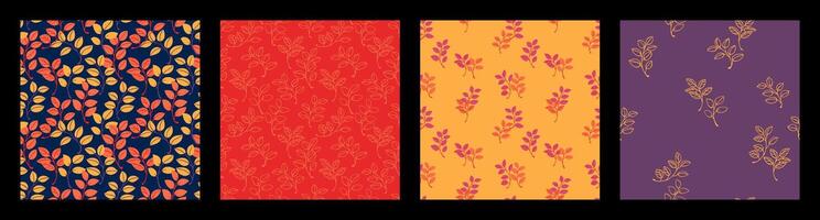A set of seamless botanical patterns featuring leaves in vibrant autumn-inspired colors on diverse backgrounds. Perfect for seasonal designs, textiles, wallpapers, and decorative projects. vector