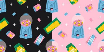 Colorful bubble gum seamless pattern. 80s, 90s, retro style, nostalgic elements. background in vintage style on pink and black background. vector