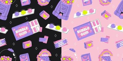 Bubble gum seamless pattern. 80s, 90s, retro style, nostalgic elements. background in vintage style on pink and black background. vector