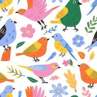 Various birds seamless pattern. Flat design. Hand drawn colored pattern. Modern trendy illustration. vector