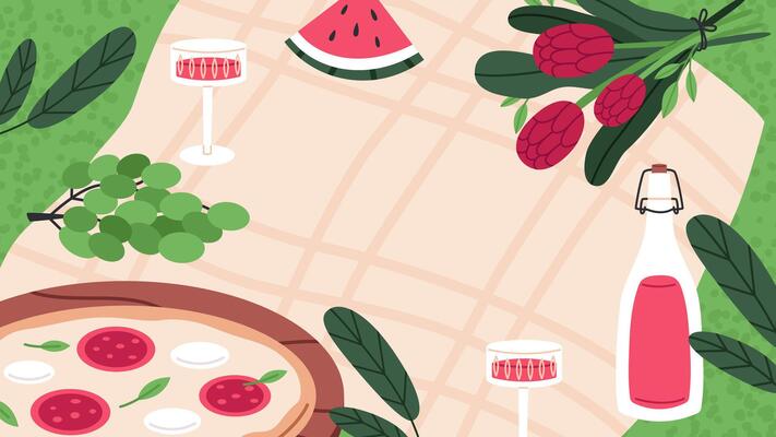 Spring picnic background. Flat illustration. Picnic on blanket for banners, cards, flyers, social media wallpapers, etc.