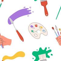 Brushes and paints seamless pattern. Colorful painting tools. Elements and art supplies. Flat illustration on white background. vector