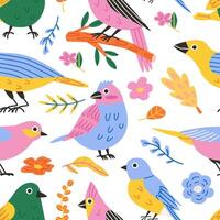 Various colorful birds seamless pattern. Flat design. Hand drawn colored pattern. Modern trendy illustration on white background. vector