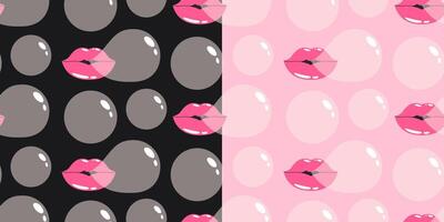 Lips blowing bubble gum seamless pattern. Funky background. Vintage nostalgia for design and print on pink and black background. Cute print. Trendy wrapping paper. vector