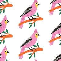 Beautiful seamless pattern with birds on branches. Spring wallpaper with colorful pink birds. isolated on white background vector