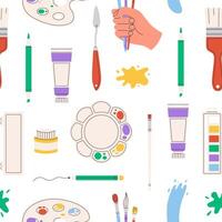 Painting tools seamless pattern. Elements and art supplies like paint tubes, pencil and color palette. Flat illustration on white background. vector