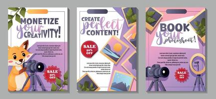 Set of flyers for photo studios and content creators vector